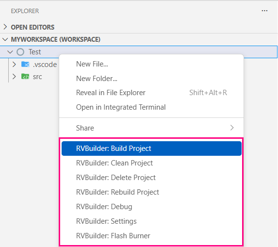 RVBuilder Project Menu Items